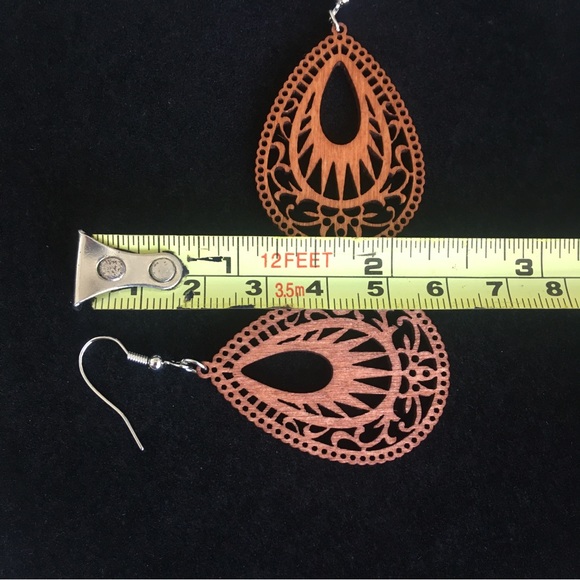 Brown Boho Wooden Water Drop Dangle Earrings - Picture 5 of 7